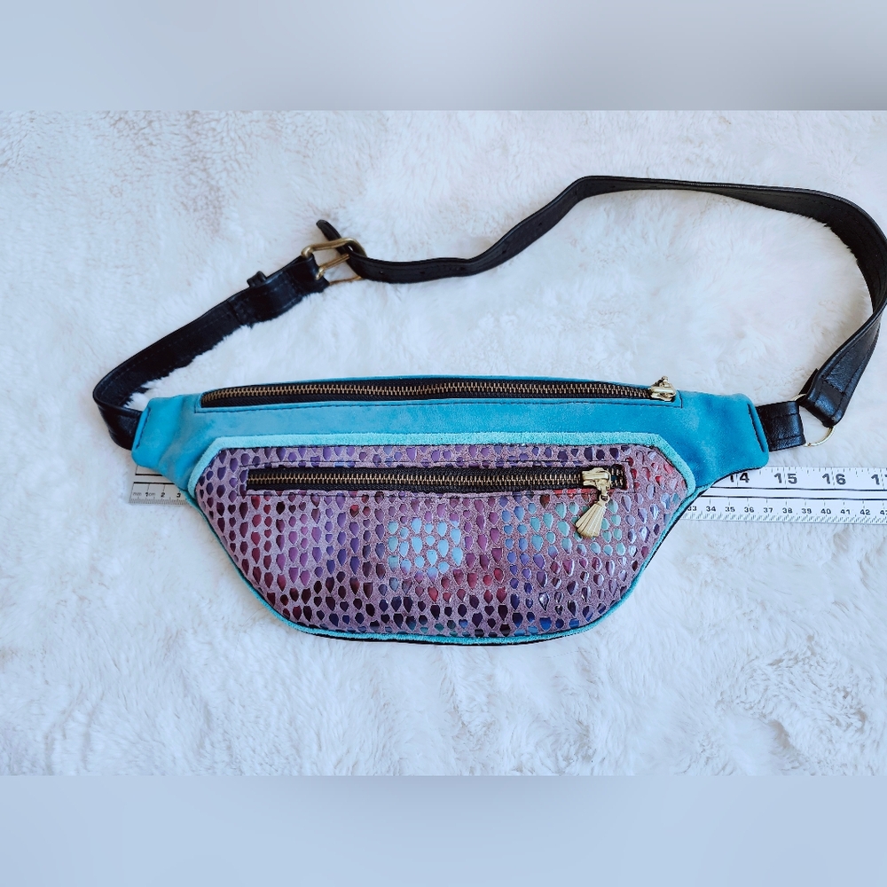 Vintage 80 / 90 Fanny Pack Italian Patent And Nubuck Leather Belt Bag Two Pocket